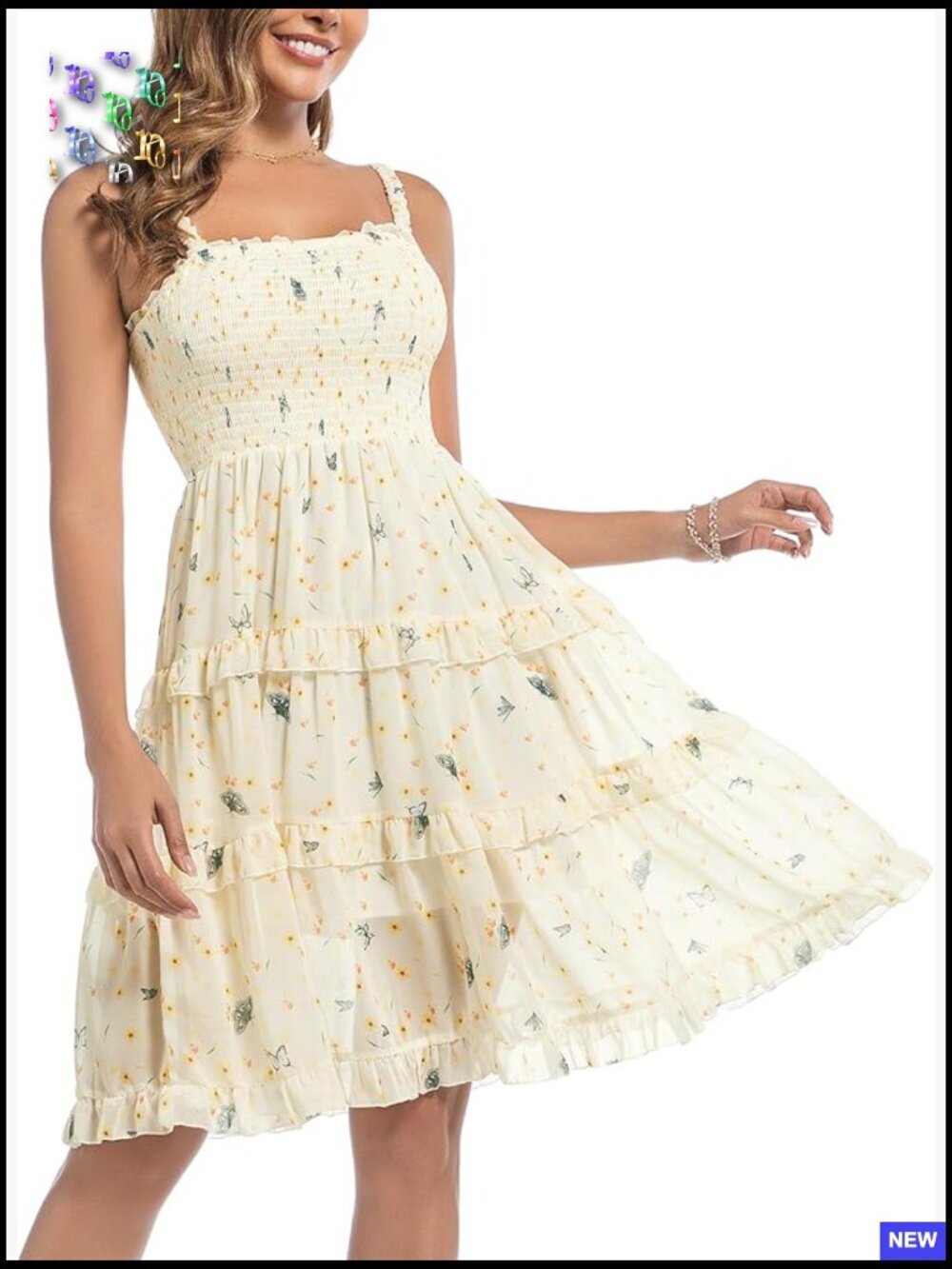 Summer Floral Square Neck Swing Dress A-Line Beach Elegant Chic - Picture 1 of 7